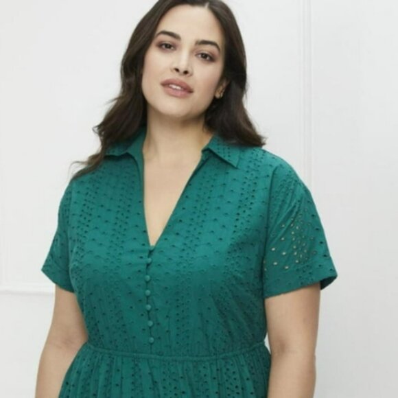ELOQUII Elements Green  Short Sleeve Tiered Eyelet Midi Dress. Size 22 - Picture 2 of 4